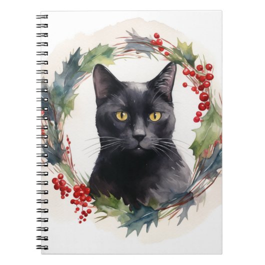 Zwarte Kat Kerstkrans Feestelijke Kitten Notitieboek (Voorkant)