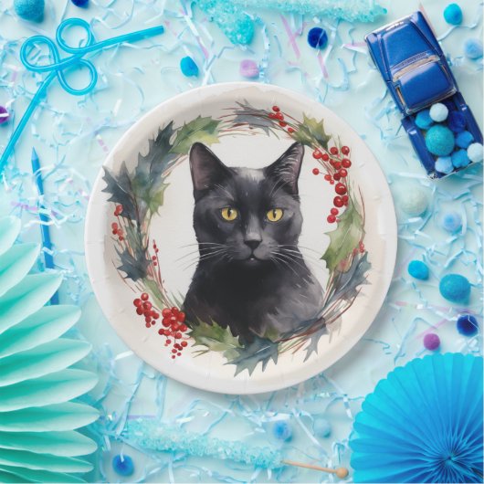 Zwarte Kat Kerstkrans Feestelijke Kitten Papieren Bordje (Feest)