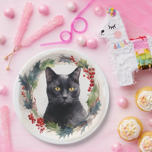 Zwarte Kat Kerstkrans Feestelijke Kitten Papieren Bordje (Feest)