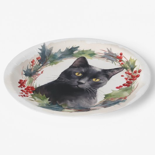 Zwarte Kat Kerstkrans Feestelijke Kitten Papieren Bordje (Gekanteld)
