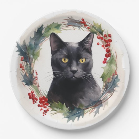 Zwarte Kat Kerstkrans Feestelijke Kitten Papieren Bordje (Voorkant)