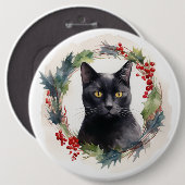 Zwarte Kat Kerstkrans Feestelijke Kitten Ronde Button 6,0 Cm (Voorkant /achterkant)