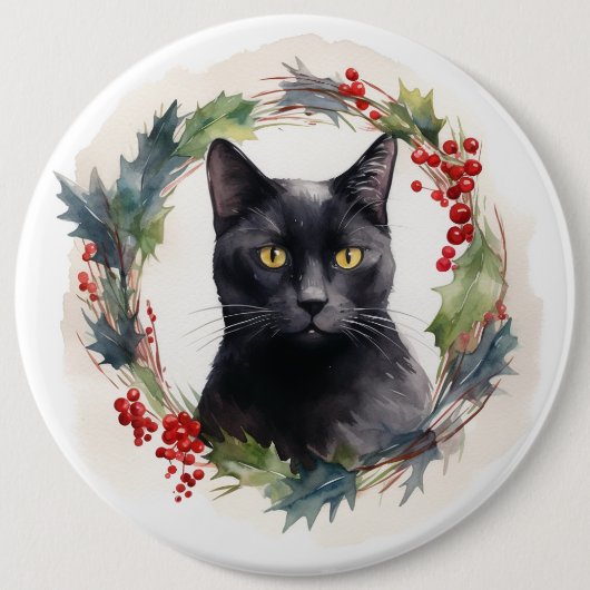Zwarte Kat Kerstkrans Feestelijke Kitten Ronde Button 6,0 Cm (Voorkant)