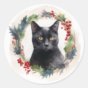 Zwarte Kat Kerstkrans Feestelijke Kitten Ronde Sticker