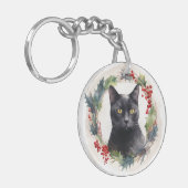 Zwarte Kat Kerstkrans Feestelijke Kitten Sleutelhanger (Voorkant Links)