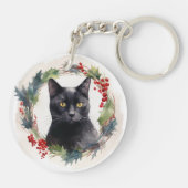 Zwarte Kat Kerstkrans Feestelijke Kitten Sleutelhanger (Achterkant)