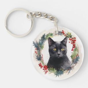 Zwarte Kat Kerstkrans Feestelijke Kitten Sleutelhanger