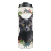 Zwarte Kat Kerstkrans Feestelijke Kitten Thermosbeker (Voorkant)