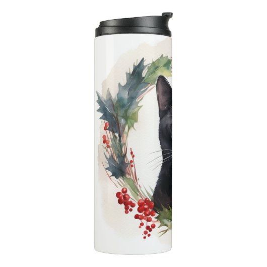 Zwarte Kat Kerstkrans Feestelijke Kitten Thermosbeker (Gedraaid links)