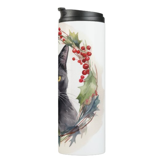 Zwarte Kat Kerstkrans Feestelijke Kitten Thermosbeker (Geroteerd rechts)