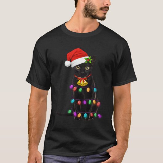 Zwarte kat kerstlicht kat kerst t-shirt (Voorkant)