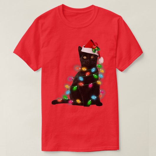 Zwarte kat kerstlicht voor grappige kattenliefhebb t-shirt (Design voorkant)