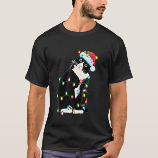 Zwarte Kat Kerstlichten Grappige Kerstman Hoed Zwa T-shirt