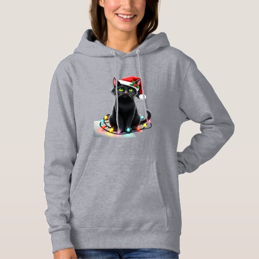 Zwarte Kat Kerstlichten Kerstman Hoed Grappig Kers Hoodie (Voorkant)