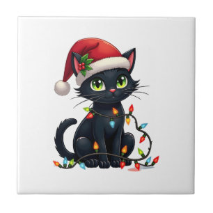 Zwarte Kat Kerstlichten Kerstman Hoed Grappig Kers Tegeltje