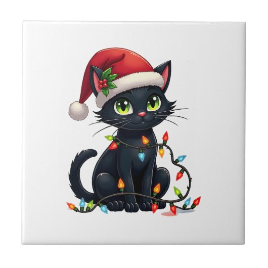 Zwarte Kat Kerstlichten Kerstman Hoed Grappig Kers Tegeltje (Voorkant)