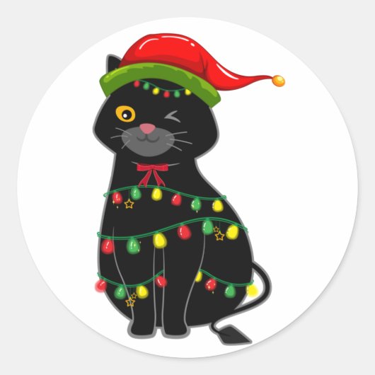 Zwarte kat kerstlichten ronde sticker (Voorkant)