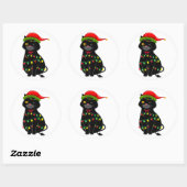 Zwarte kat kerstlichten ronde sticker (Vel)