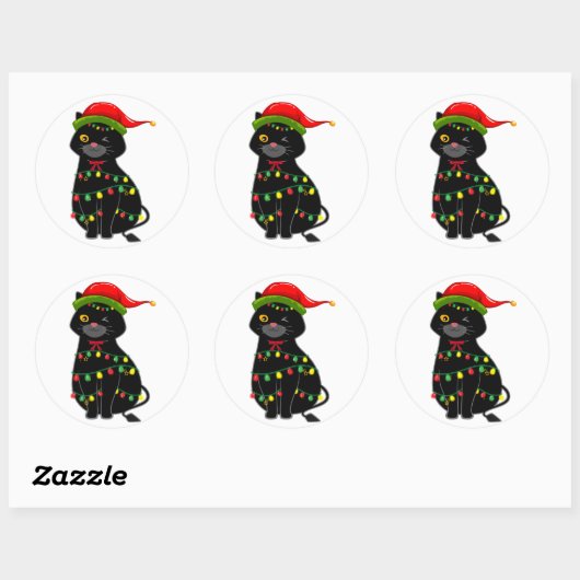Zwarte kat kerstlichten ronde sticker (Vel)