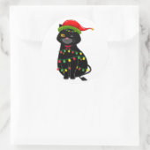 Zwarte kat kerstlichten ronde sticker (Tas)