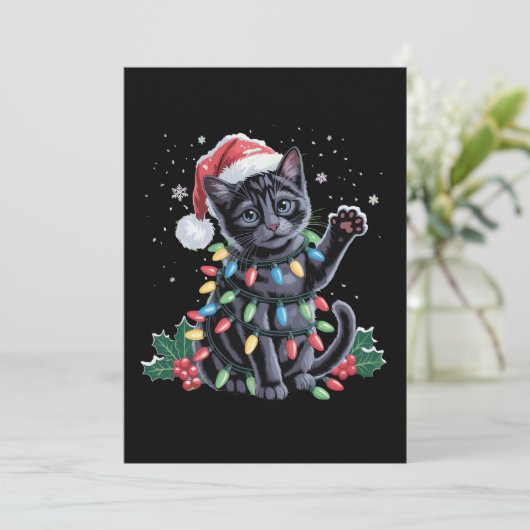Zwarte Kat Kerstman Hoed Meowy Kerstvakantie Feestdagenkaart (Staand voorkant)