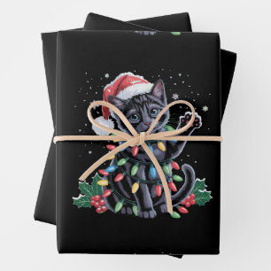 Zwarte Kat Kerstman Hoed Meowy Kerstvakantie Inpakpapier Vel