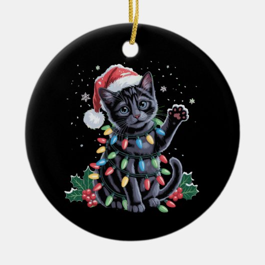 Zwarte Kat Kerstman Hoed Meowy Kerstvakantie Keramisch Ornament (Voorkant)