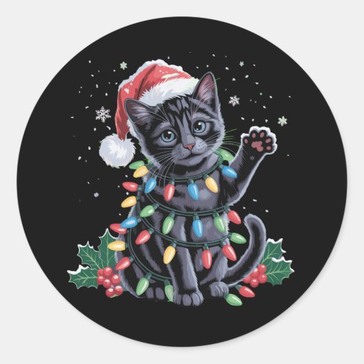 Zwarte Kat Kerstman Hoed Meowy Kerstvakantie Ronde Sticker (Voorkant)