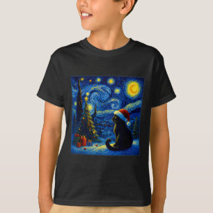 Zwarte Kat Kerstman Hoed Van Gogh Sterrennacht Ker T-shirt