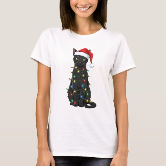 Zwarte Kat Kerstman Liefhebber T-shirt (Voorkant)