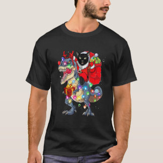 Zwarte Kat Kerstman Rid Dinosauriër rex Kerstmis X T-shirt