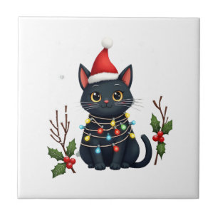Zwarte Kat Kerstman Santa Hoed Grappige Meowy Kat Tegeltje