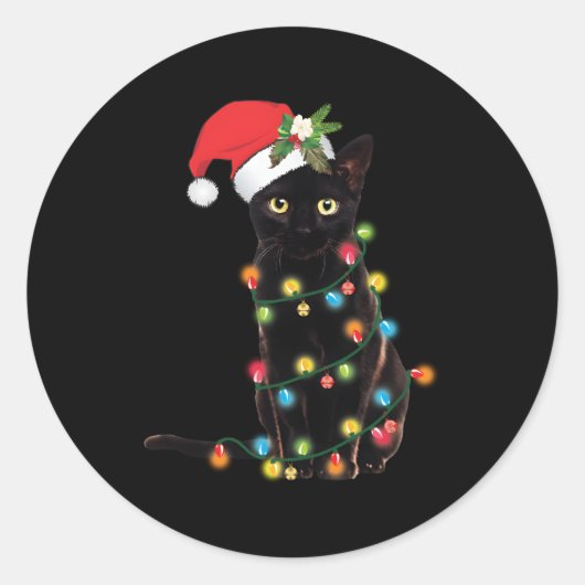 Zwarte kat kerstman verstrikt in lichten ronde sticker (Voorkant)