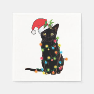 Zwarte Kat Kerstman Verward In Kerstverlichting Sw Servet