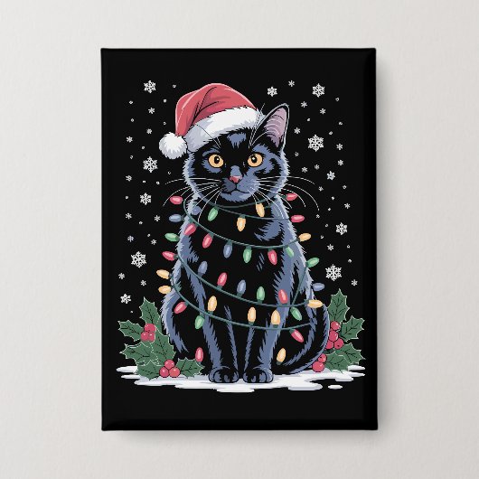 Zwarte Kat Kerstmis Kerstman Hoed Grappige Meowing Button (Voorkant)