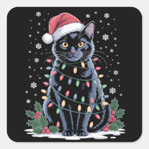 Zwarte Kat Kerstmis Kerstman Hoed Grappige Meowy K Vierkante Sticker