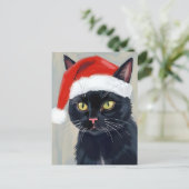 Zwarte Kat Kerstschilderij Santa Hat Feestdagenkaart (Staand voorkant)