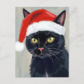 Zwarte Kat Kerstschilderij Santa Hat Feestdagenkaart (Voorkant)