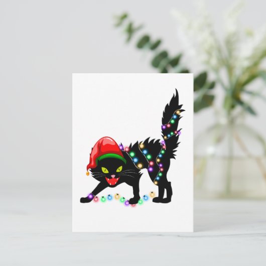 Zwarte kat kerstverlichting briefkaart (Staand voorkant)