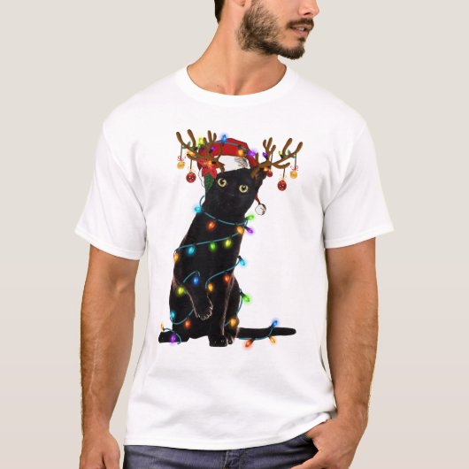 Zwarte Kat Kerstverlichting Fun Catliefhebber Kers T-shirt (Voorkant)