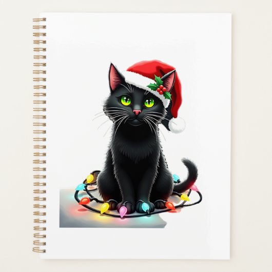 Zwarte Kat Kerstverlichting Kerstman Hoed Grappig Planner (Voorkant)