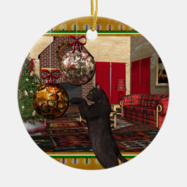 Zwarte kat - Kerstversiering rond de ronde Keramisch Ornament