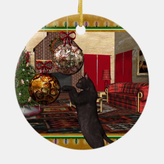 Zwarte kat - Kerstversiering rond de ronde Keramisch Ornament (Achterkant)