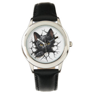 Zwarte kat kids horloge met gebarsten glazen illus