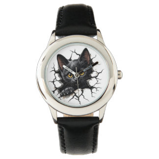Zwarte kat kids horloge met gebarsten glazen illus