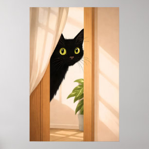 Zwarte Kat Kijk Poster, Minimalistisch Dier Poster