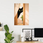 Zwarte Kat Kijk Poster, Minimalistisch Dier Poster (Thuiskantoor)