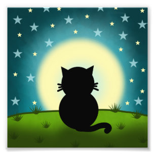 Zwarte Kat kijkt naar de Maan Foto Afdruk
