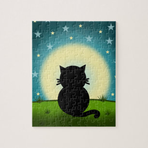 Zwarte Kat kijkt naar de Maan Legpuzzel