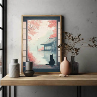 Zwarte Kat kijkt naar Japans Herfst Zen Scene Kuns Poster